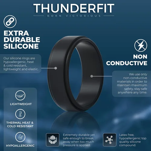 Vista 2 de ThunderFit Silicone Wedding Rings for Men - Step Edge Sleek Design Rubber Engagement Bands - 8mm Width - 2mm Thickness