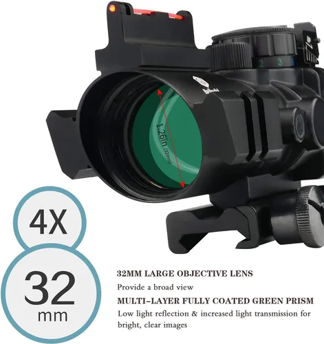Vista 2 de Mira telescópica Beileshi Optics para rifle, miras tácticas 4x32 con retícula iluminada en rojo y retícula grabada en vidrio con 4X de aumento