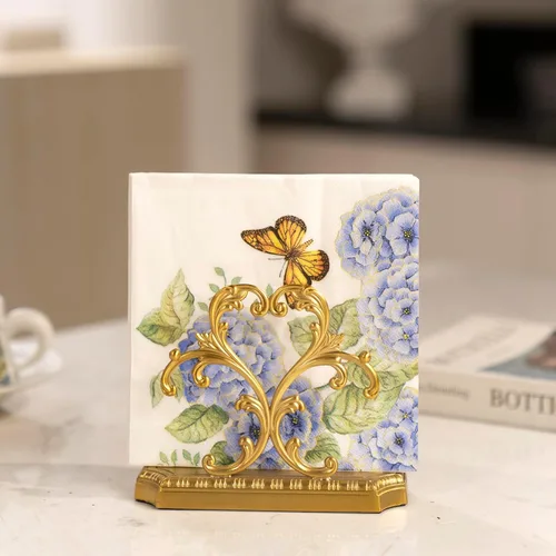 1 servilletero dorado y 50 servilletas de papel de hortensia, servilletero de latón, combinación clásica y a juego, decoración moderna de mesa de