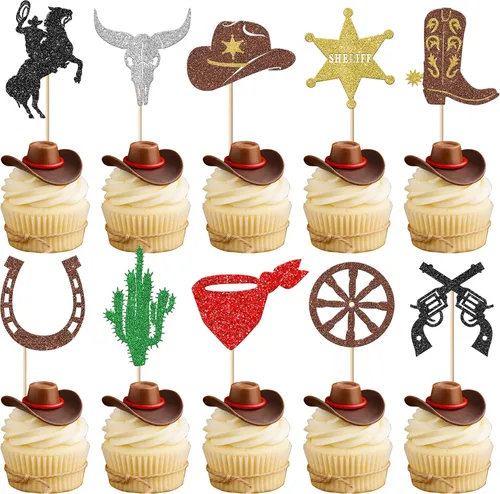Rsstarxi Paquete de 30 adornos de vaquero para cupcakes con purpurina para zapatos de caballo de vaquero, botas, pistola, temática occidental,