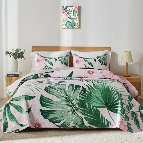 Vista 11 de Yogeneg Juego de ropa de cama Queen con patrón botánico blanco y verde, juego de edredón de 3 piezas ligero y suave de verano con 2 fundas