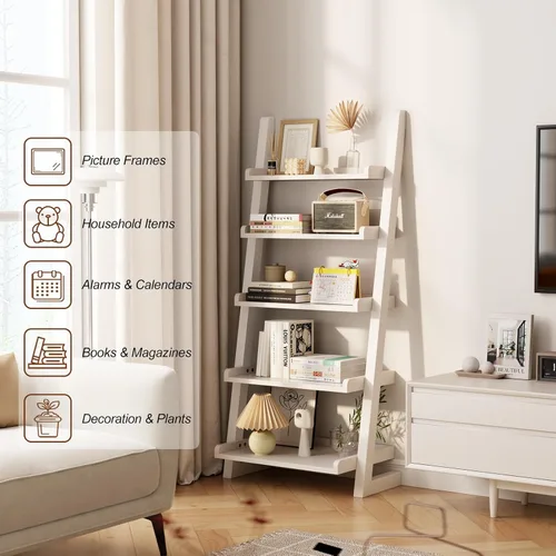 Vista 5 de AQIMUELE Estantería de escalera de madera blanca con bordes, estantería inclinada moderna de 5 niveles – Elegante estantería que ahorra espacio