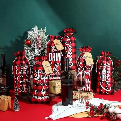 Vista 2 de Shappy 10 bolsas de vino para el día de San Valentín para botellas, regalos, bolsas de tela de lino champán con cubierta de cordón para boda Negro