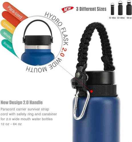 Vista 2 de Asa de cuerda de paracaídas para botellas Hydroflask 2.0 de boca ancha y estándar, con nuevo soporte de anillo de seguridad, 12oz - 64oz