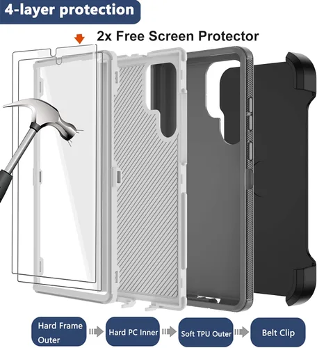 Vista 3 de Funda para Samsung Galaxy S22 Ultra con funda de clip para cinturón, 2 protectores de pantalla, protección de grado militar resistente, cuerpo