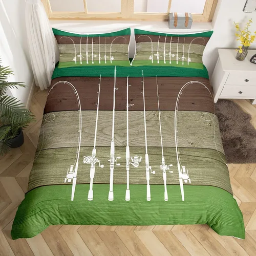Vista 17 de Juego de ropa de cama de peces para hombres, ropa de pesca en hielo, funda de edredón de pesca retro acuarela de madera con anzuelo de madera