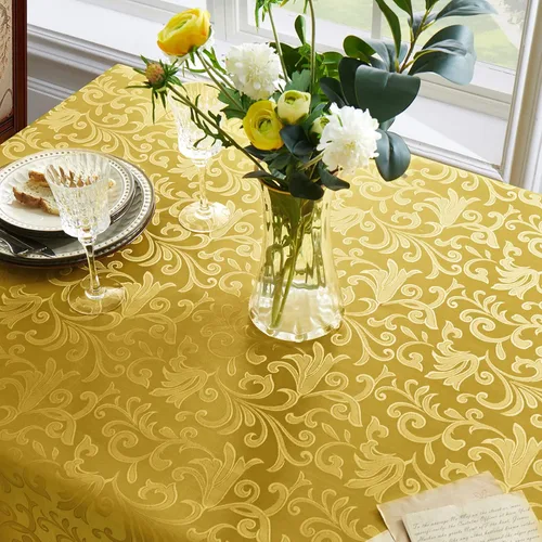 Vista 5 de SiinvdaBZX Mantel rectangular de damasco, diseño jacquard de lujo, mantel dorado de 60 x 84 pulgadas, mantel de poliéster satinado sin arrugas