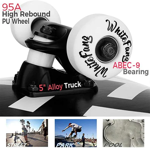 Vista 4 de WhiteFang Skateboards for Beginners, Complete Skateboard 31 x 7.88, 7 Layer Canadian Maple Double Kick Concave Standard and Tricks Skateboards for