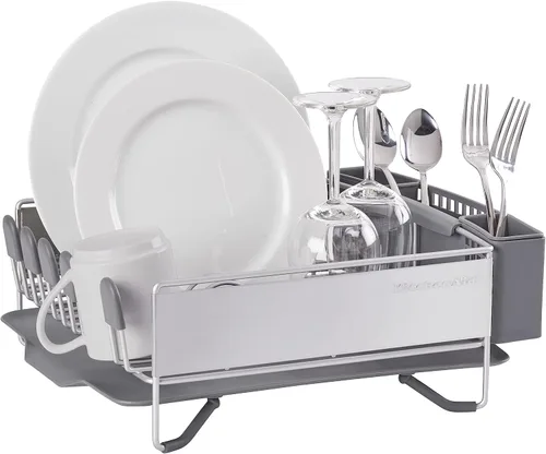Vista 3 de KitchenAid Escurridor de platos compacto, que ahorra espacio, resistente al óxido con organizador de cubiertos extraíble y bandeja de escurrido Negro