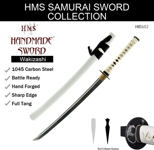 Vista 9 de HMS Espada samurai wakizashi japonesa, Warrior Tsuba, acero al carbono 1045, forjado a mano templado por calor, espiga completa, afilada