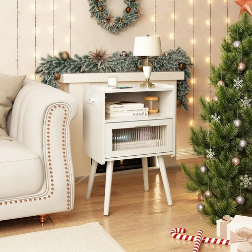 Vista 92 de Mesita de noche moderna de mediados de siglo con estación de carga, mesitas de noche con cajón de cristal, mesa auxiliar con espacio