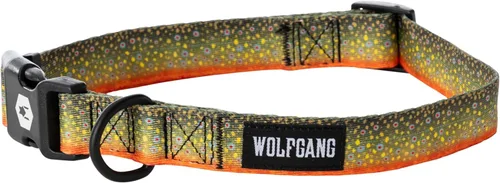 Wolfgang - Collar de perro resistente y ajustable con hebilla de nailon de liberación rápida para caminar y entrenar, estampado BrookTrout, talla S