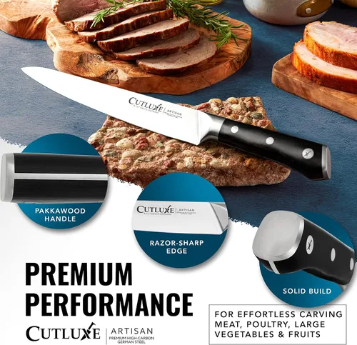 Vista 9 de Cutluxe Juego de cuchillos para tallar pavo, tenedor y cuchillo para carne, barbacoa, pechuga afilada, acero alemán de alta calidad, mango