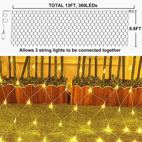 Vista 6 de Luces de red de Navidad para exteriores, luces de malla de 13 x 6.6 pies con control remoto, 360 luces LED de cortina enchufables, 8 modos