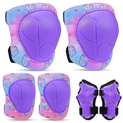 Vista 9 de FIODAY Rodilleras para niños, conjunto de equipo de protección ajustables para niños, rodilleras y coderas con protector de muñeca para niñas