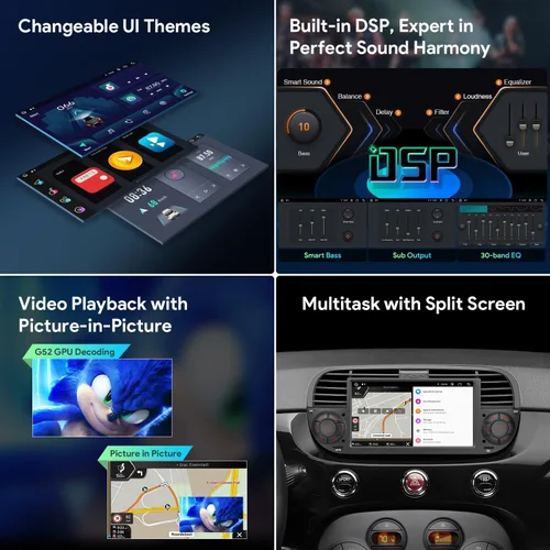 Vista 5 de XTRONS Estéreo de coche de un solo DIN para Fiat 500, Android 13 Octa Core 4GB RAM 64GB ROM Reproductor de radio de automóvil, pantalla táctil IPS