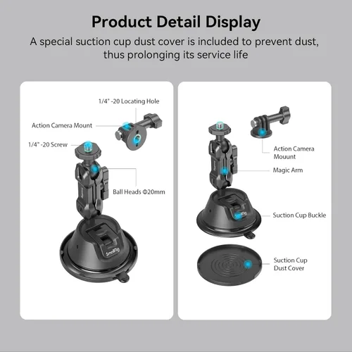 Vista 6 de SMALLRIG Soporte de ventosa de doble capa para GoPro Hero 11/10/9, para DJI Osmo Action/Procket, para Insta360 X3, soporte de cabezal de doble bola