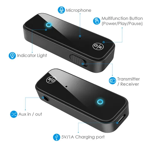 Vista 4 de Adaptador auxiliar Bluetooth 5.0 para coche, receptor Bluetooth para el sistema estéreo del coche y auriculares, adaptador auxiliar Bluetooth