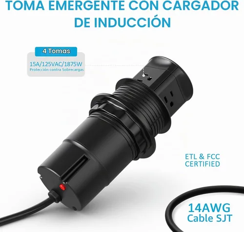 Vista 5 de Jgstkcity Toma de corriente desplegable con cargador inalámbrico de 15 W, 4 salidas de 15 A, resistente a salpicaduras, ojal de alimentación de Negro