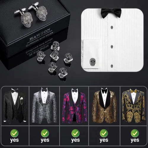 Vista 4 de Cufflinks for Men with Tuxedo Studs in Gift Box, Gold or Silver Tone Skull Cuff links for Black Bow tie Navy Blue Suit White Shirts Mens Jewelry or