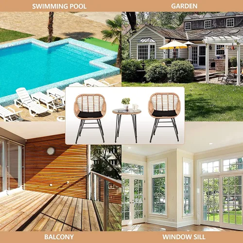 Vista 7 de Juego de muebles de mimbre para exteriores, 3 piezas, juego de sillas de mimbre de ratán PE con cojines