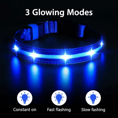 Vista 2 de MASBRILL Collar de perro con luz LED - Recargable, resistente al agua, intermitente, collar brillante para caminar por la noche Azul