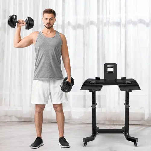Vista 5 de Uboway Adjustable Dumbbell Stand- Dumbbell Rack with 4 Level Height Adjustment, Weight Stand for Dumbbells with Tablet Holder and Wheels, Hand