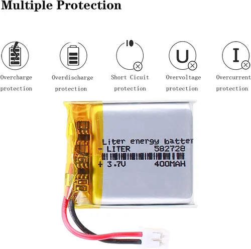 Vista 3 de Liter energybattery 3.7V Lipo Batería 400mAh Batería recargable de polímero de iones de litio 582728 con conector JST