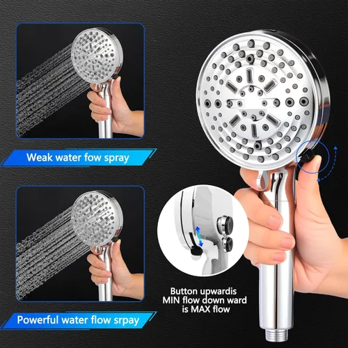 Vista 2 de Cabezal de ducha filtrado con mano, tamaño de flujo de agua ajustable, cabezal de ducha multimodo de gotas de iones, equipado con manguera de acero