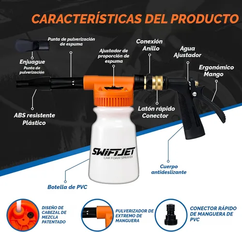 Vista 4 de SwiftJet Pistola de Espuma para Lavado de Autos + Guante de Lavado de Microfibra - Cañón de Espuma Funciona con Cualquier Jabón - Rociador de Espuma