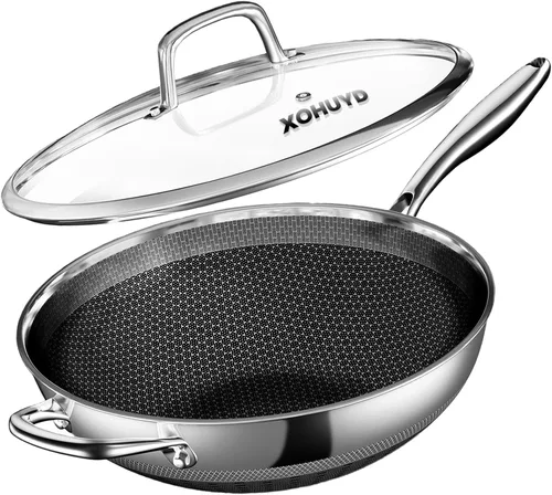 Sartén Wok de Acero Inoxidable de 13 Pulgadas, Woks y Sartenes para Saltear Antiadherentes, Sartén Wok con Tapa para Inducción, Eléctrica, Gas,
