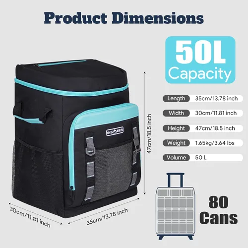 Vista 3 de INSMEER Cooler with Wheels and Handle, 80 Cans/50L Rolling Cooler, Portable Soft Sided Cooler with Wheel, 2-in-1 Collapsible Trolley Cart, Large