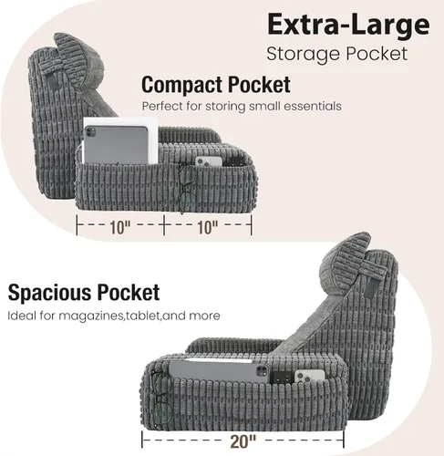 Vista 4 de Almohada de lectura de 19 pulgadas para cama con brazos integrados y bolsillos grandes, cojín de respaldo de apoyo para leer, descansar o Gris