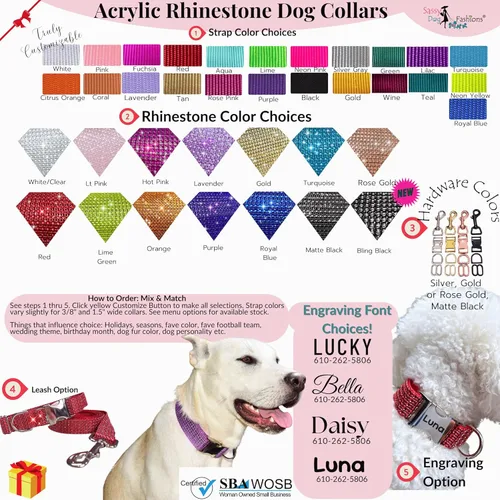 Vista 7 de Collar de perro con diamantes de imitación personalizable, hebilla grabada y opciones de correa, hecho en Estados Unidos, collares brillantes
