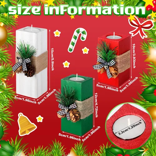 Vista 3 de Sliner 3 Piezas Portavelas de Navidad con Velas de Madera Portavelas de Té de Navidad Decoraciones Rojas Blancas Verdes Votivas de Madera Candelabro