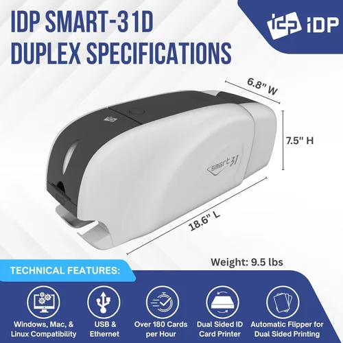Vista 3 de IDP SMART-31 Series ID Card Duplex Kit de impresora con software, manual y guías - Incluye cinta de color YMCKO de 250 impresiones y 100 tarjetas
