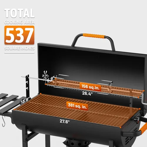 Vista 4 de KEYO GRILL Parrilla de carbón de barril de 29 pulgadas, parrilla de barbacoa resistente con tenedor manual para carne, colector de cenizas