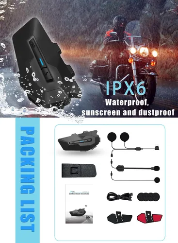 Vista 6 de MAXTO Sistemas de comunicación de casco con intercambio de música, auriculares Bluetooth X2 para 2 conductores 1000 M, sonido estéreo HiFi, IPX6