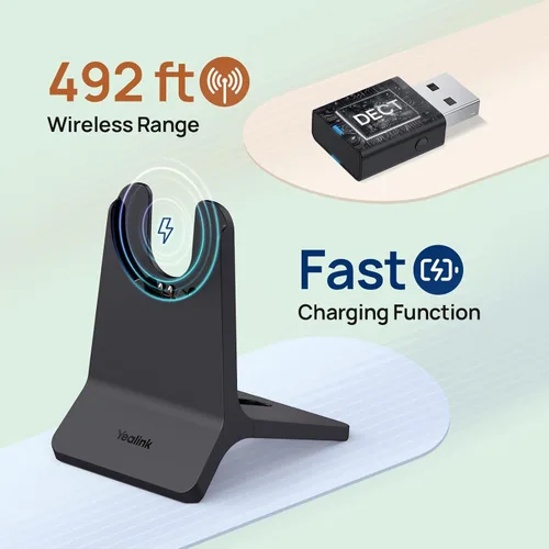 Vista 2 de Yealink WH64 Auriculares inalámbricos híbridos DECT y Bluetooth, alcance de 492 pies mono Teams UC con adaptador DECT y soporte de carga, micrófono
