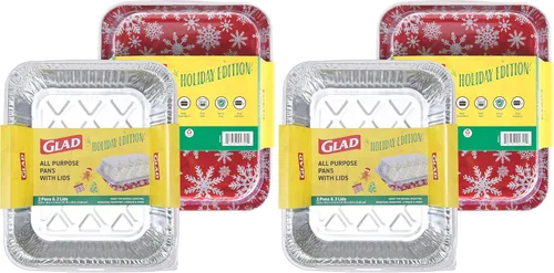 Vista 7 de Glad Holiday Edition Moldes de Aluminio para Hornear con Forma de Árbol de Navidad con Patrón de Copos de Nieve Rojos y Blancos, Moldes Desechables