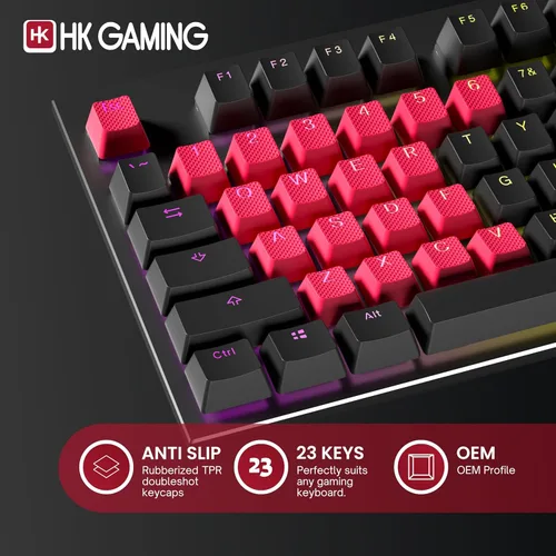 Vista 2 de HK GAMING Juego de teclas dobles retroiluminadas de goma Perfil OEM para teclado mecánico (23 teclas, rojo español)