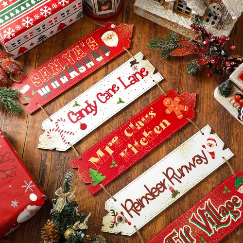 Vista 4 de Roowest Letrero colgante de madera de Navidad, decoración de taller de Papá Noel, diseño rústico direccional de flecha de jengibre, decoración