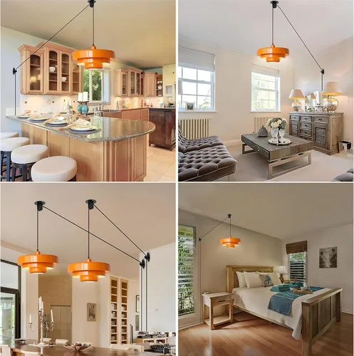 Vista 7 de FCTWAKS Lámpara colgante enchufable, luces colgantes naranjas de mediados de siglo con cable enchufable, pantalla de metal de 3 capas, polea