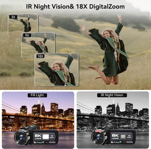 Vista 3 de Videocámara, videocámara 8K de 48 MP 15FPS UHD con Wi-Fi, cámara para vlogging con visión nocturna IR para YouTube, pantalla táctil de 3" con zoom