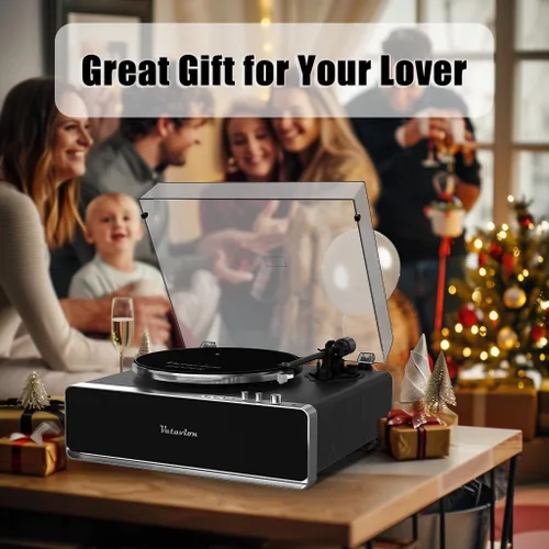 Vista 8 de Tocadiscos de vinilo, altavoces integrados, preamplificador de fono, tocadiscos retro de alta fidelidad todo en uno Bluetooth para discos de vinilo