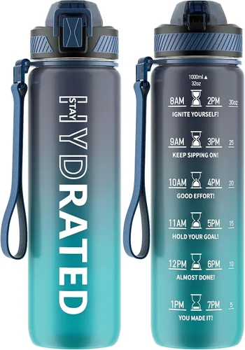 QLUR Botella de agua con popote, botellas de agua motivacionales de 32 onzas con marcador de tiempo para beber, Tritan sin BPA, botella de agua Azul