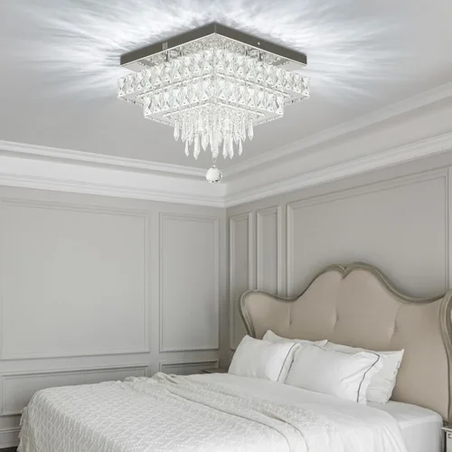 Vista 6 de Finktonglan Lámpara de techo LED cuadrada de cristal de 13 pulgadas, candelabros modernos con cristal multicapa, luces de techo empotradas