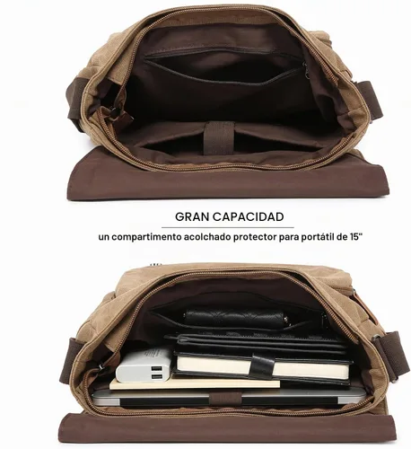 Vista 6 de Bolso de hombro grande vintage de lona para mensajero, bolso cruzado para viajes, cartera, maletín, bolsa de negocios para portátil de 15 pulgadas