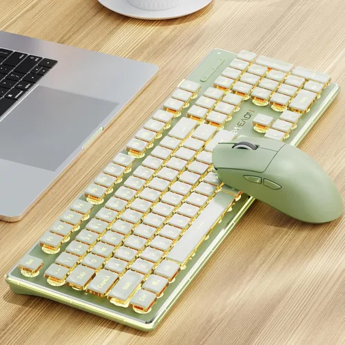 Vista 12 de V3 - Teclado y mouse inalámbricos con retroiluminación única, panel de metal, Bluetooth/2.4G recargable silencioso teclado y mouse combinados Verde