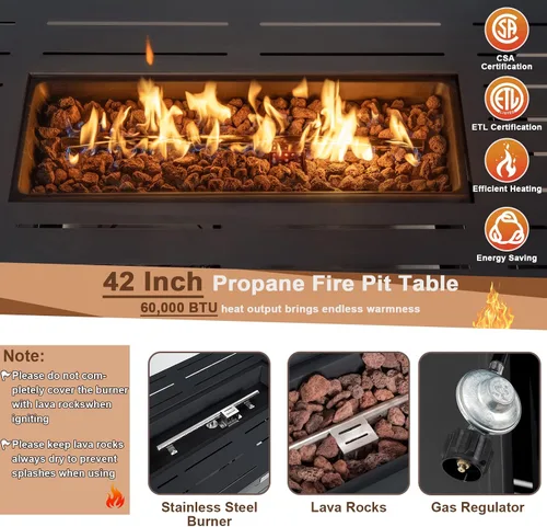 Vista 3 de Tangkula Patiojoy - Mesa rectangular de gas propano de 42 pulgadas con marco de acero sólido, encendido eléctrico, incluye rocas de lava y cubierta